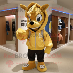 Gold Horseshoe mascot costume character dressed with a Hoodie and Backpacks