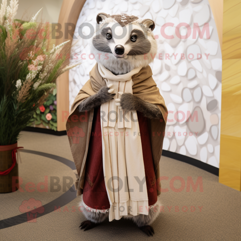 Tan Badger mascot costume character dressed with a Empire Waist Dress and Shawls