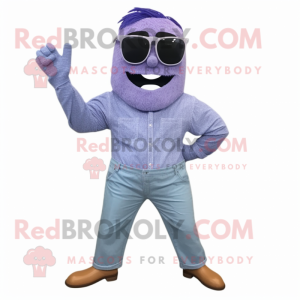 Lavender Contortionist mascot costume character dressed with a Chambray Shirt and Sunglasses