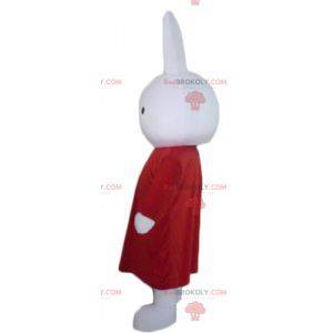 Bílý plyšový králičí maskot s dlouhými červenými šaty -