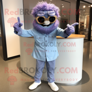 Lavender Contortionist mascot costume character dressed with a Chambray Shirt and Sunglasses