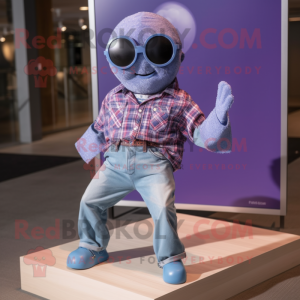 Lavender Contortionist mascot costume character dressed with a Chambray Shirt and Sunglasses