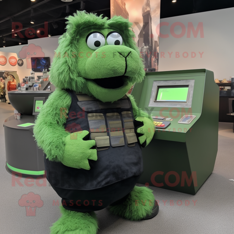 Green Shepard'S Pie mascot costume character dressed with a Tank Top and Coin purses