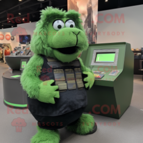 Green Shepard'S Pie mascot costume character dressed with a Tank Top and Coin purses
