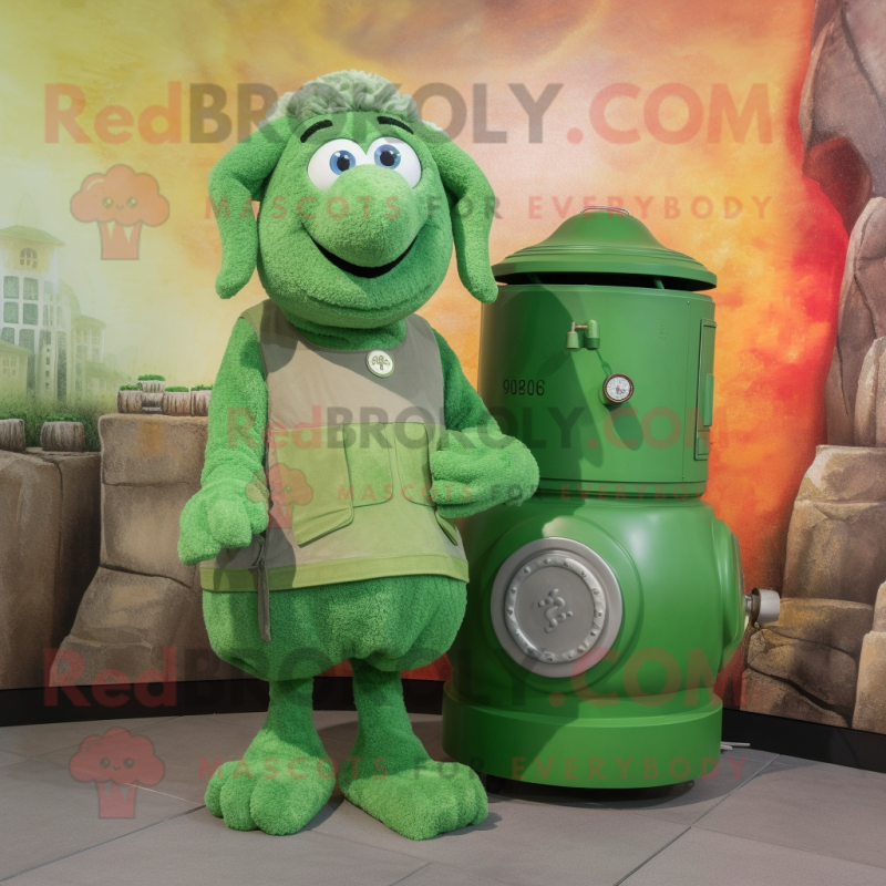 Green Shepard'S Pie mascot costume character dressed with a Tank Top and Coin purses Green Shepard'S Pie mascot costume character dressed with a Tank Top and Coin purses