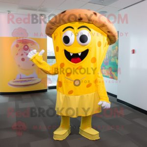 Yellow Pizza Slice mascot costume character dressed with a Long Sleeve Tee and Shoe laces