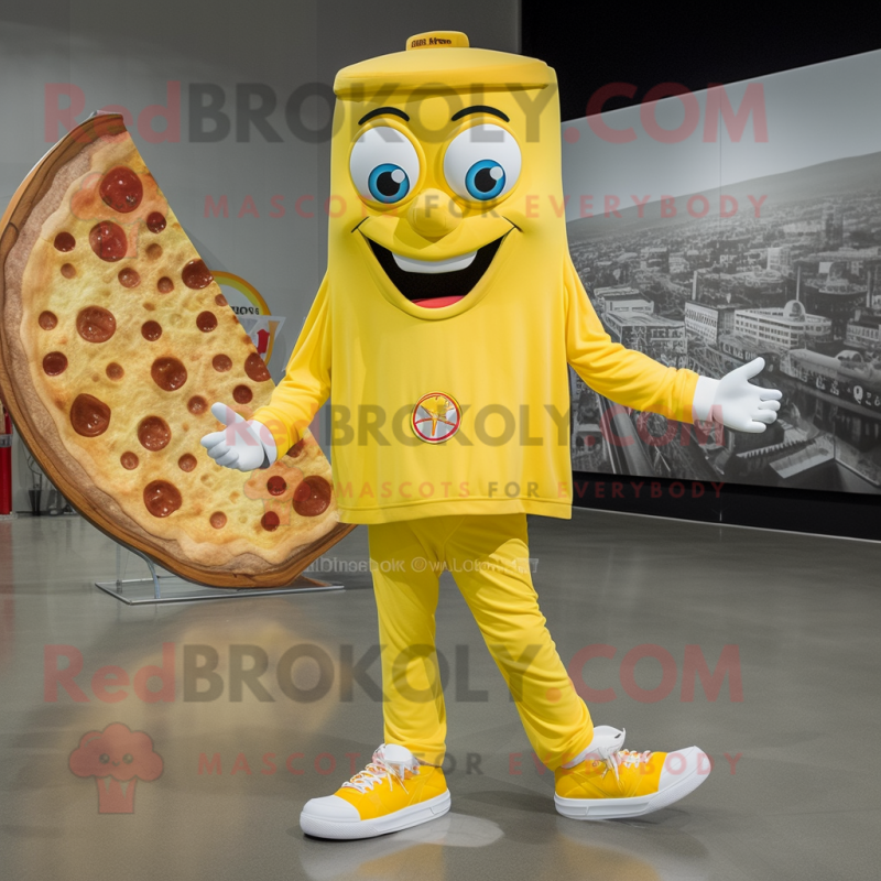 Yellow Pizza Slice mascot costume character dressed with a Long Sleeve Tee and Shoe laces Yellow Pizza Slice mascot costume character dressed with a Long Sleeve Tee and Shoe laces