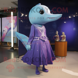 Purple Blue Whale mascot costume character dressed with a Cocktail Dress and Lapel pins