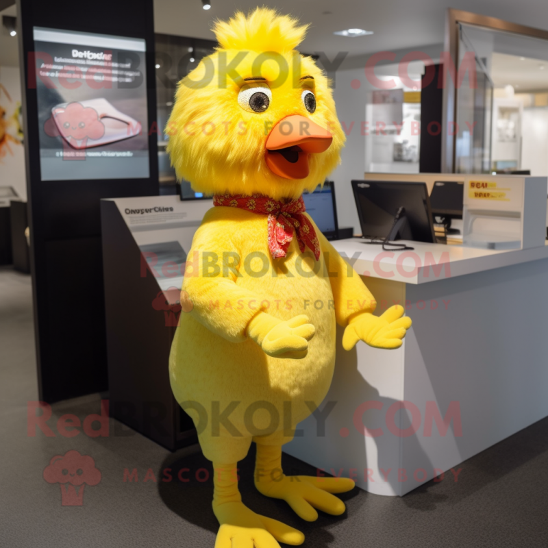 Yellow Chicken mascot costume character dressed with a Jeggings and Earrings