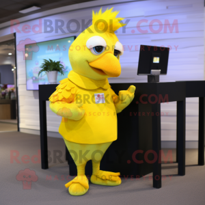 Yellow Chicken mascot costume character dressed with a Jeggings and Earrings