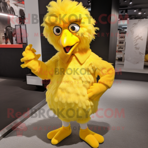 Yellow Chicken mascot costume character dressed with a Jeggings and Earrings