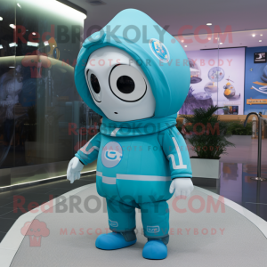 Cyan Astronaut mascot costume character dressed with a Wrap Dress and Beanies