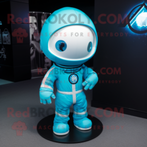 Cyan Astronaut mascot costume character dressed with a Wrap Dress and Beanies