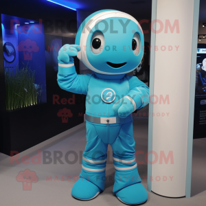 Cyan Astronaut mascot costume character dressed with a Wrap Dress and Beanies