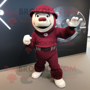 Maroon Baseball Glove mascot costume character dressed with a Playsuit and Cummerbunds