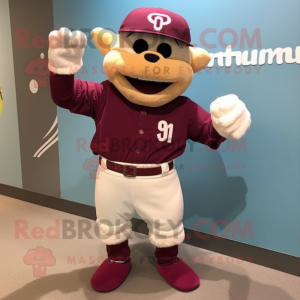 Maroon Baseball Glove mascot costume character dressed with a Playsuit and Cummerbunds