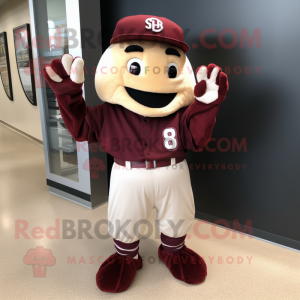 Maroon Baseball Glove mascot costume character dressed with a Playsuit and Cummerbunds