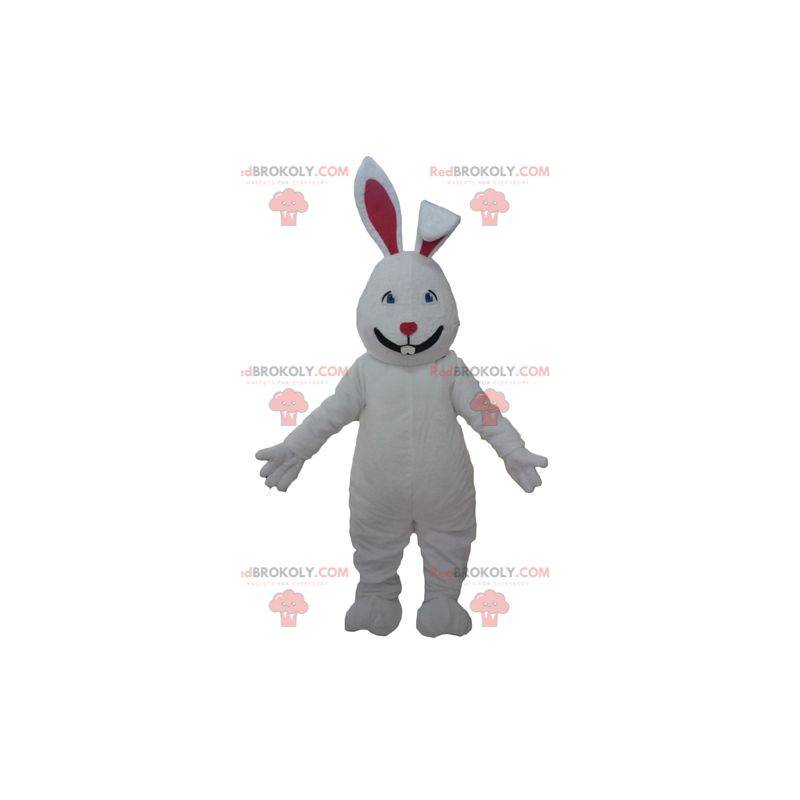 Mascote grande coelho branco e vermelho fofo e atraente -