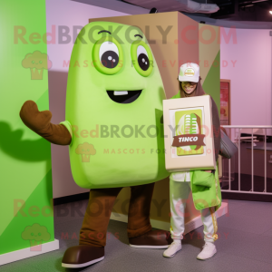 Lime Green Chocolate Bar mascot costume character dressed with a Chinos and Beanies