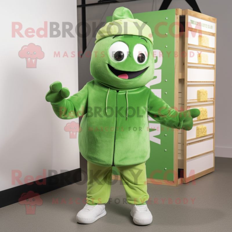 Lime Green Chocolate Bar mascot costume character dressed with a Chinos and Beanies