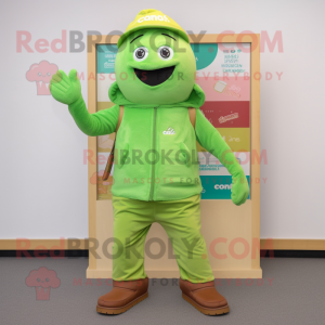 Lime Green Chocolate Bar mascot costume character dressed with a Chinos and Beanies