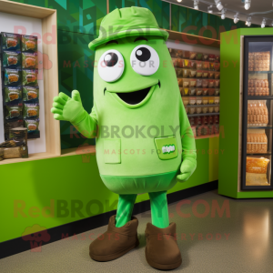 Lime Green Chocolate Bar mascot costume character dressed with a Chinos and Beanies