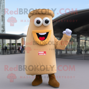 Beige Currywurst mascot costume character dressed with a Flare Jeans and Clutch bags