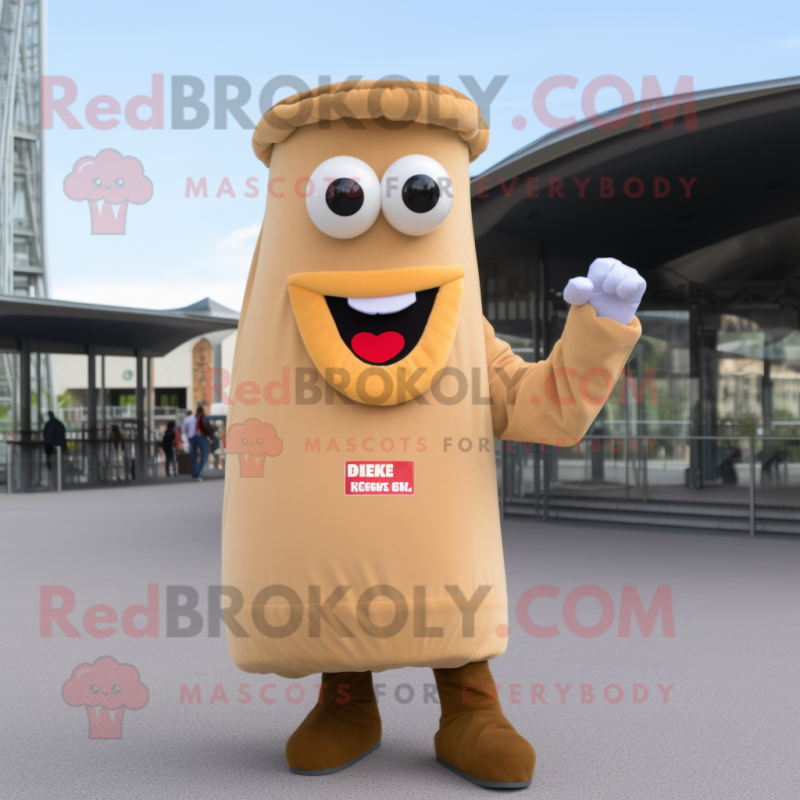 Beige Currywurst mascot costume character dressed with a Flare Jeans and Clutch bags Beige Currywurst mascot costume character dressed with a Flare Jeans and Clutch bags