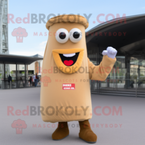 Beige Currywurst mascot costume character dressed with a Flare Jeans and Clutch bags