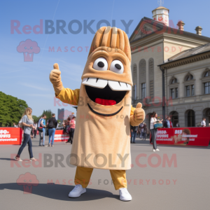 Beige Currywurst mascot costume character dressed with a Flare Jeans and Clutch bags