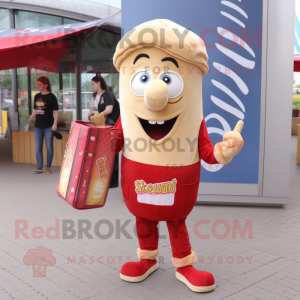 Beige Currywurst mascot costume character dressed with a Flare Jeans and Clutch bags