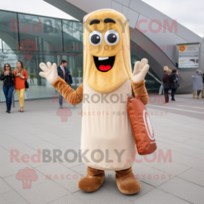 Beige Currywurst mascot costume character dressed with a Flare Jeans and Clutch bags