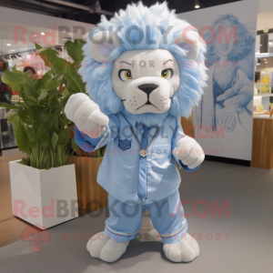 Sky Blue Lion mascot costume character dressed with a Poplin Shirt and Hair clips