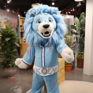 Sky Blue Lion mascot costume character dressed with a Poplin Shirt and Hair clips