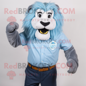 Sky Blue Lion mascot costume character dressed with a Poplin Shirt and Hair clips