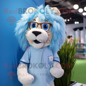 Sky Blue Lion mascot costume character dressed with a Poplin Shirt and Hair clips