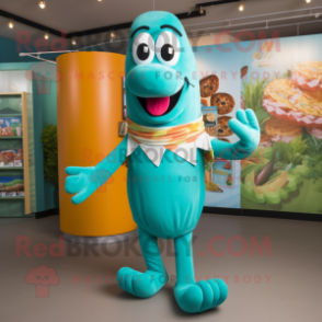 Teal Hot Dogs mascot costume character dressed with a Playsuit and Bracelets
