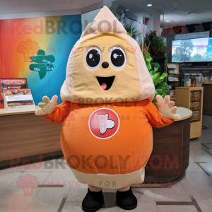 Peach Enchiladas mascot costume character dressed with a Hoodie and Backpacks