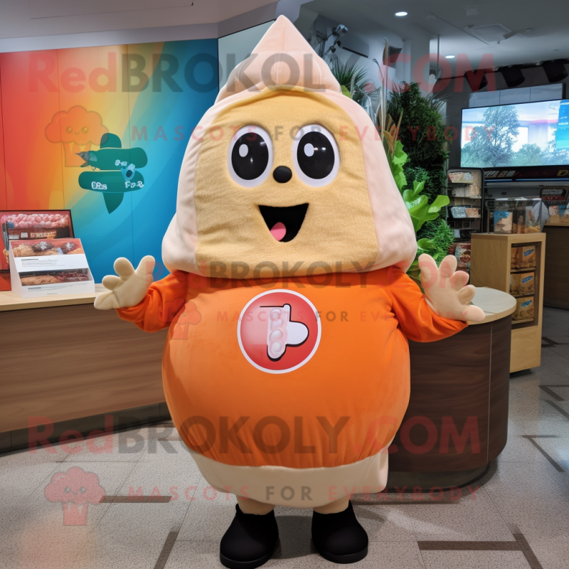 Peach Enchiladas mascot costume character dressed with a Hoodie and Backpacks Peach Enchiladas mascot costume character dressed with a Hoodie and Backpacks