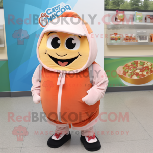 Peach Enchiladas mascot costume character dressed with a Hoodie and Backpacks