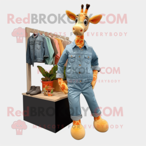 Peach Giraffe mascot costume character dressed with a Denim Shirt and Shoe laces