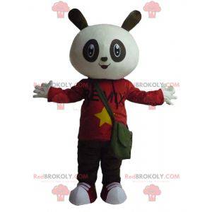 White and black rabbit mascot in red and black outfit -