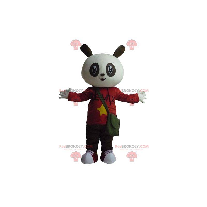 White and black rabbit mascot in red and black outfit -
