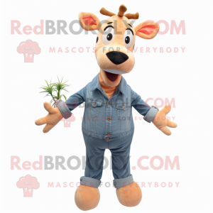 Peach Giraffe mascot costume character dressed with a Denim Shirt and Shoe laces