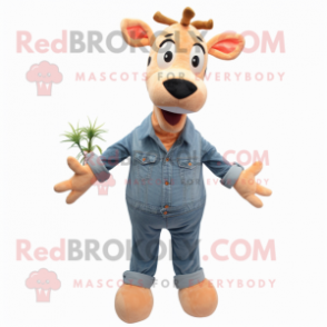 Peach Giraffe mascot costume character dressed with a Denim Shirt and Shoe laces
