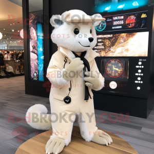 Cream Marten mascot costume character dressed with a Coat and Digital watches