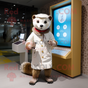 Cream Marten mascot costume character dressed with a Coat and Digital watches