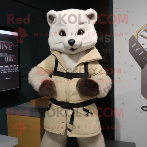 Cream Marten mascot costume character dressed with a Coat and Digital watches