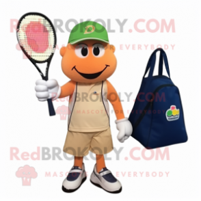 Peach Tennis Racket mascot costume character dressed with a Button-Up Shirt and Tote bags