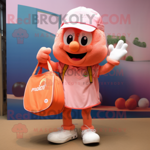 Peach Tennis Racket mascot costume character dressed with a Button-Up Shirt and Tote bags
